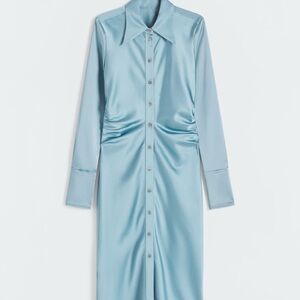 Mango Blue Ruched Long Sleeve Dress